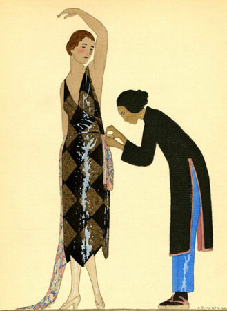 André-Edouard Marty | "The Annamite Soubrette - Evening Gown by Doeuillet, trimmed with ribbon"; 1920 | Gazette du Bon Ton (Minneapolis College of Art and Design) | © 2008 Artists Rights Society (ARS), New York / AD
