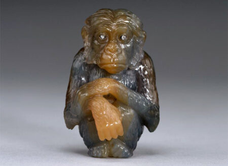 Peter Carl Fabergé; Manufacturer: House of Fabergé, Russian | Chimpanzee | ca. 1900 | banded agate, diamonds | The Walters Art Museum