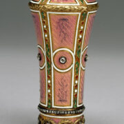 Peter Carl Fabergé ; Workmaster: Mikhail Perkhin; Manufacturer: House of Fabergé | Parasol Handle | ca. 1900 | pink enamel on guilloché gold, diamonds