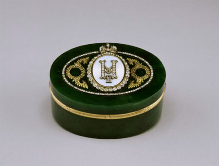 Peter Carl Fabergé; Workmaster: Henrik Wigström; Manufacturer: House of Fabergé, Russian | Oval Box with Monogram of Nicholas II | early 20th century | nephrite, gold, diamonds, enamel | The Walters Art Museum