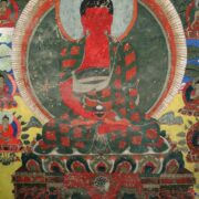 Himachal Pradesh; Lahaul-Spiti; Dankhar Gompa, India. Amitabha Buddha. c. late 17th - 18th century. Detail from mural painting (right, north wall) in sNa ka mTshang Hall. Image and data provided by Rob Linrothe.