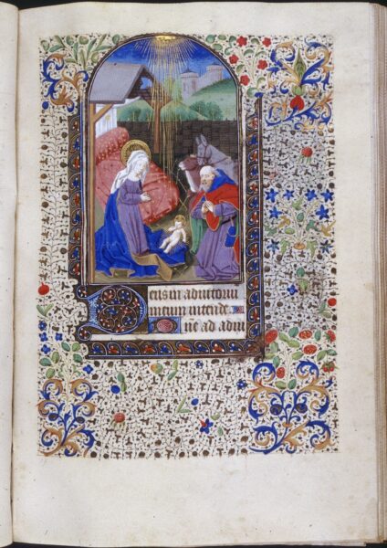 Attributed to Master of Jean Rolin II (illuminator, French, act. ca.1440-1465). c.1460 (creation date). Book of Hours (Horae Beatae Mariae Virginis), Folio 59r: Hours of the Virgin: Prime: Nativity, overall. Illumination, Leaf (component), Manuscript. Place: Trinity College, Watkinson Library (Hartford, Connecticut, USA).