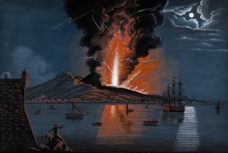 Mount Vesuvius erupting violently at night over the bay of Naples, with two spectators and a guard on watch from the castle in the foreground