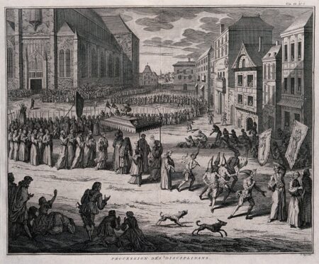 Tanjé, Pieter. A procession of flagellants carrying a canopy and a statue of the Virgin Mary through a town.