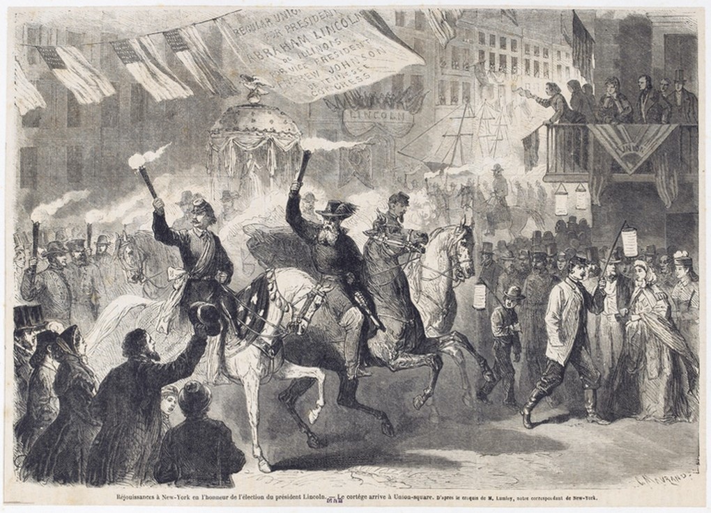 Charles Maurand. Rejoicing in New York on the occasion of the election of President Lincoln--the cortege arrives at Union Square. After 1860.