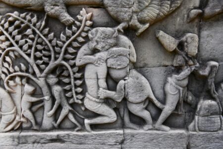 Bayon, Tiger biting a man’s neck. Late 12th-late 13th centuries.