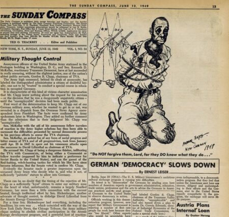 Newspaper illustration of bound, kneeling African American soldier with purple heart on uniform
