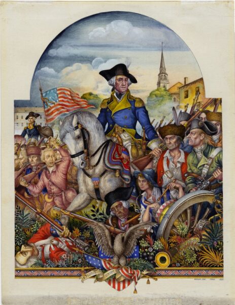 Watercolor painting of George Washington in military uniform on a white horse, surrounded by men carrying guns