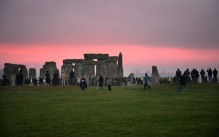Dawn on the winter solstice at Stonehenge in Wiltshire