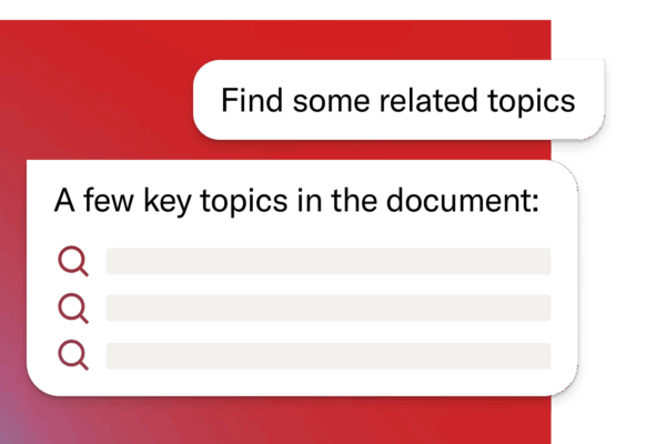 Chat-style interface with a user request to ‘Find some related topics,’ followed by an AI-generated list of key topics with magnifying glass icons.