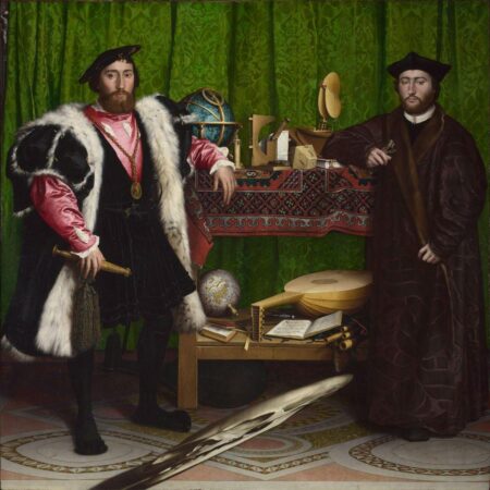A painting by Hans Holbein the Younger titled 'The Ambassadors', depicting two men, Jean de Dinteville and Georges de Selve, standing side-by-side in front of a table covered with objects, including a globe, a skull distorted by anamorphic perspective, and various scholarly items, symbolizing their high social status and the fleeting nature of life.