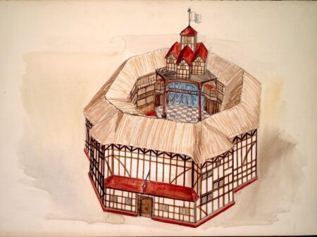 A watercolor illustration of the original Globe Theatre, showcasing its iconic octagonal structure. The timber-framed design features a thatched roof with red accents and a flag flying from the central tower. The open-air design reveals a view of the stage, complete with curtains and a checkered floor, surrounded by tiered galleries for audience seating. The artwork highlights the architectural details of this historic Elizabethan playhouse, blending soft colors and intricate lines.