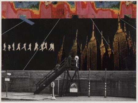 A mixed-media collage featuring an urban dystopian scene. The composition includes a stark black background with silhouettes of figures walking in sequence, resembling an evolutionary progression. In the foreground, a black-and-white image of a fenced area with a guard tower is superimposed, adding a sense of surveillance. Towering golden skyscrapers dominate the background, connected by angular white lines, creating a surreal and oppressive atmosphere. Above, a colorful, distorted pattern resembles a heatmap or abstract landscape, adding tension to the composition.