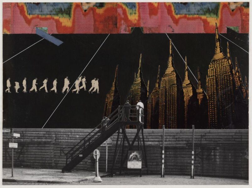 A mixed-media collage featuring an urban dystopian scene. The composition includes a stark black background with silhouettes of figures walking in sequence, resembling an evolutionary progression. In the foreground, a black-and-white image of a fenced area with a guard tower is superimposed, adding a sense of surveillance. Towering golden skyscrapers dominate the background, connected by angular white lines, creating a surreal and oppressive atmosphere. Above, a colorful, distorted pattern resembles a heatmap or abstract landscape, adding tension to the composition.