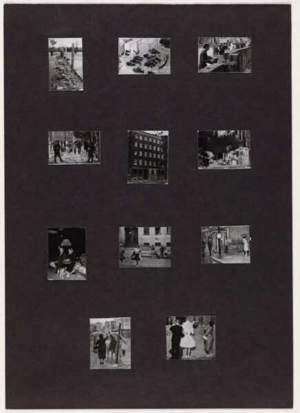 A black-and-white collage featuring a grid of small photographs mounted on a dark background. The images depict various urban scenes, including people walking, sitting, and engaging in daily activities. The composition appears to explore themes of city life, movement, and public spaces.