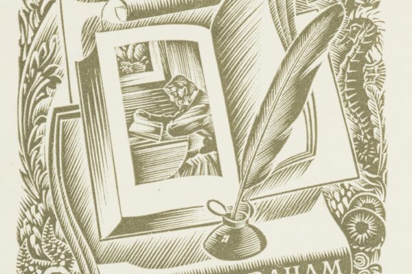 A wood engraving bookplate featuring an open book, a quill pen in an inkwell, and a scroll with the words "Ex Libris" at the top. The bookplate bears the name "David H. Graham" at the bottom, and within the open book, there is an illustration of a scholar reading at a desk. Ornamental elements, including foliage and intricate patterns, frame the composition.