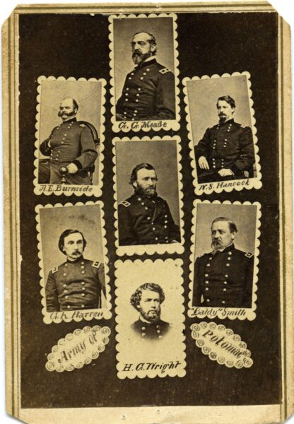 A vintage carte de visite featuring seven portraits of Union generals from the Army of the Potomac during the American Civil War. The photographs are arranged in an ornate layout with scalloped borders. The generals are identified as A.E. Burnside, G.K. Warren, G.G. Meade, H.G. Wright, W.S. Hancock, and "Baldy" Smith. The words "Army of the Potomac" are written in decorative script. The sepia-toned image is from the Norwich University Archives.