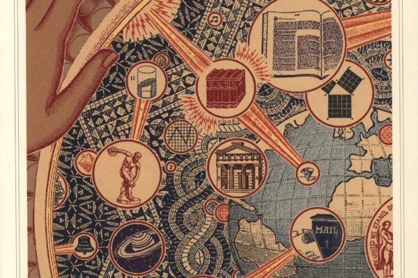 A vintage-style illustrated poster featuring a large hand reaching toward a circular map-like collage of interconnected icons, representing global knowledge and scholarship. Elements include books, academic buildings, scientific symbols, and figures, with the text at the top reading: “JSTOR: Access to Yesterday. Preserved for Tomorrow.”