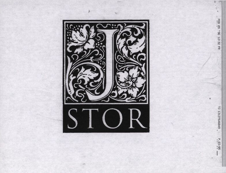 A black-and-white image of the original JSTOR logo design featuring an ornate capital "J" surrounded by floral decorations, with the word “STOR” in a serif font beneath. The design is centered on a light gray textured background.