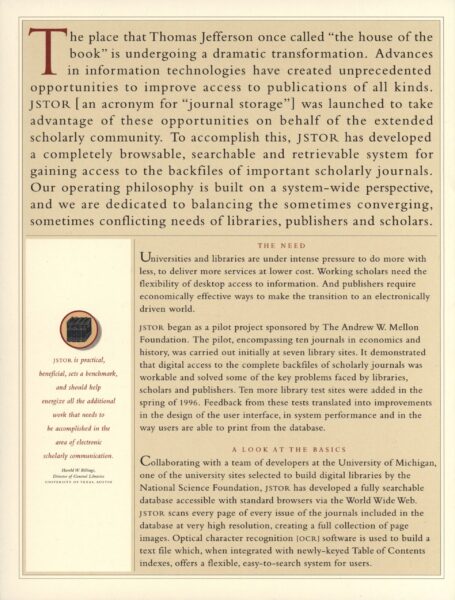 A page of text describing JSTOR’s origin and mission, framed in cream and tan. It explains how JSTOR was created to provide access to scholarly journals and improve digital access for the academic community, with emphasis on balancing the needs of libraries, publishers, and scholars.