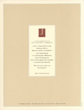 The final page of a JSTOR informational brochure. Centered is the JSTOR logo with the message: “A collaboration in the scholarly community,” describing JSTOR as a joint effort among scholars, librarians, and publishers. A URL (http://www.jstor.org/) invites readers to join the initiative.