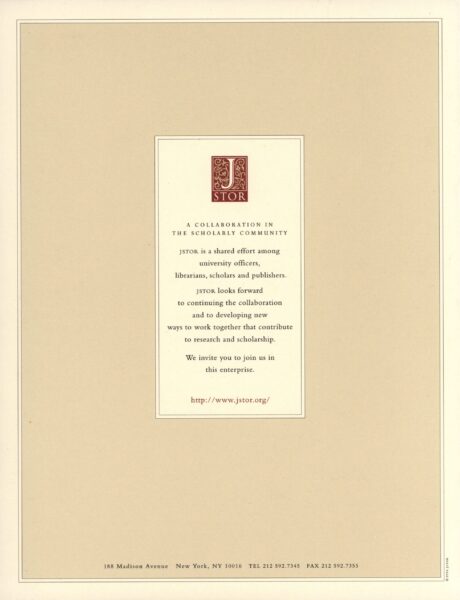 The final page of a JSTOR informational brochure. Centered is the JSTOR logo with the message: “A collaboration in the scholarly community,” describing JSTOR as a joint effort among scholars, librarians, and publishers. A URL (http://www.jstor.org/) invites readers to join the initiative.