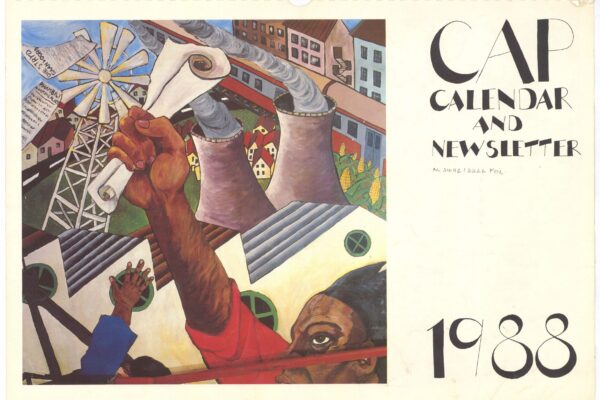 White poster with black lettering. Multicoloured artwork of a man with fist raised holding a white scroll against an industrial background.