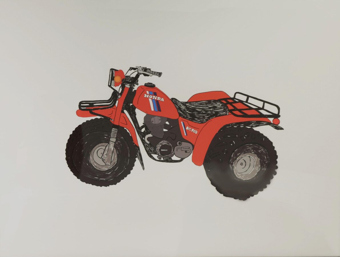 Digital illustration of a red Honda three-wheeler ATV with black tires and detailing, shown in profile on a plain white background. The vehicle is labeled “BIG RED” and features realistic details like handlebars and engine components.