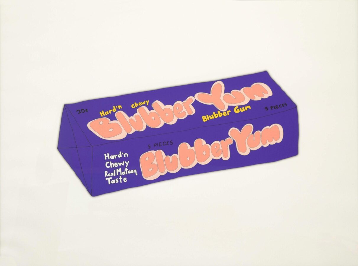 Digital artwork of a fictional gum package labeled “Blubber Yum” in pink letters on a purple background. The wrapper mimics commercial gum design and includes phrases like “Hard’n Chewy Real Mataaqq Taste,” referencing traditional Inuit food.