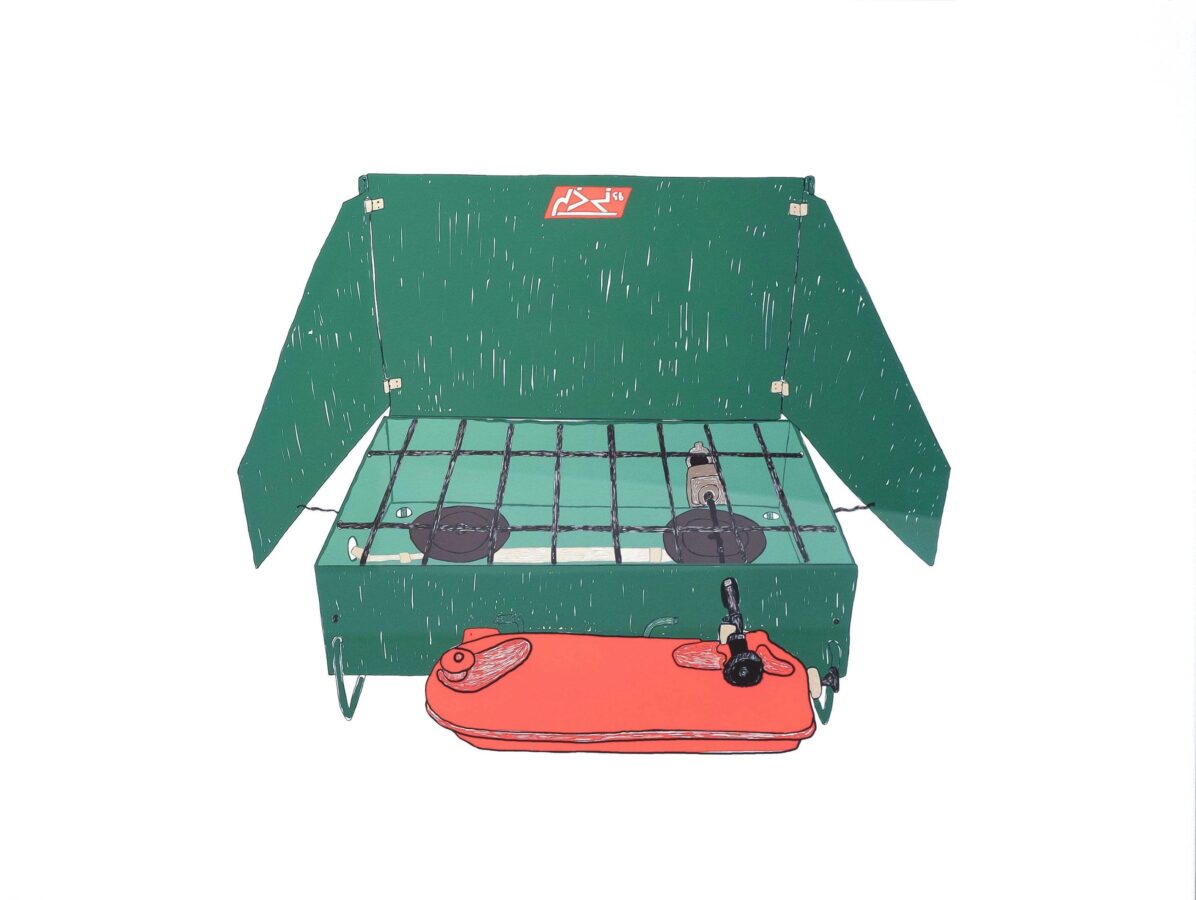 Digital illustration of a green and red Coleman camp stove with its lid open and burners exposed. The stove sits on a plain white background and evokes the familiarity of cooking equipment used in northern communities.