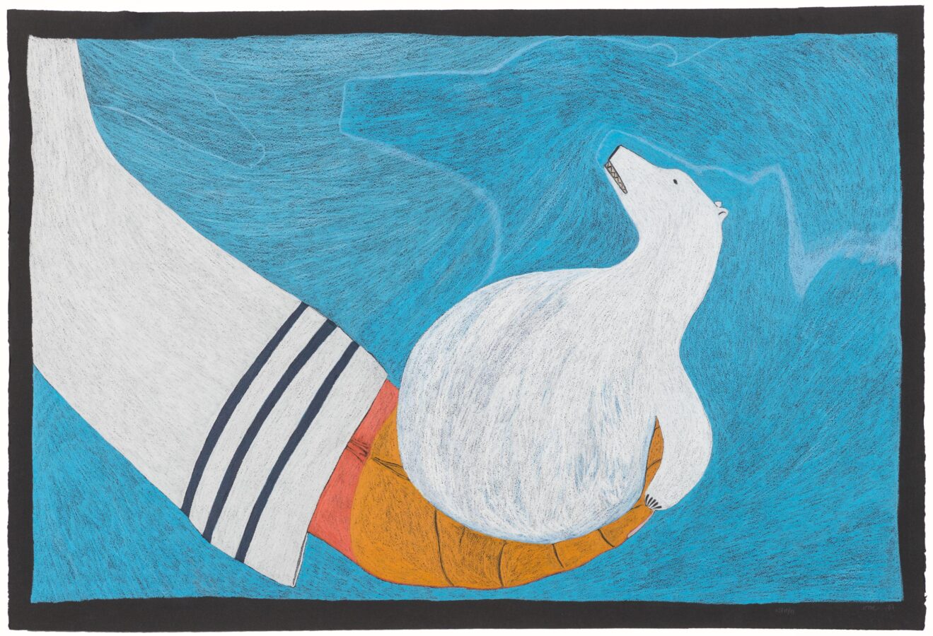 Color pencil drawing of a white polar bear sitting in an orange-gloved hand, which extends from a figure wearing a white sleeve with dark stripes. The background is filled with swirling blue lines, evoking cold or wind.