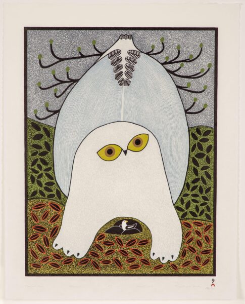 Stylized print of a white owl with bright yellow eyes, standing against a patterned background of branches and leaves. The owl’s body appears as part of an abstract form that includes another bird’s nest near its feet.