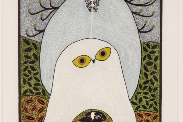 Stylized print of a white owl with bright yellow eyes, standing against a patterned background of branches and leaves. The owl’s body appears as part of an abstract form that includes another bird’s nest near its feet.