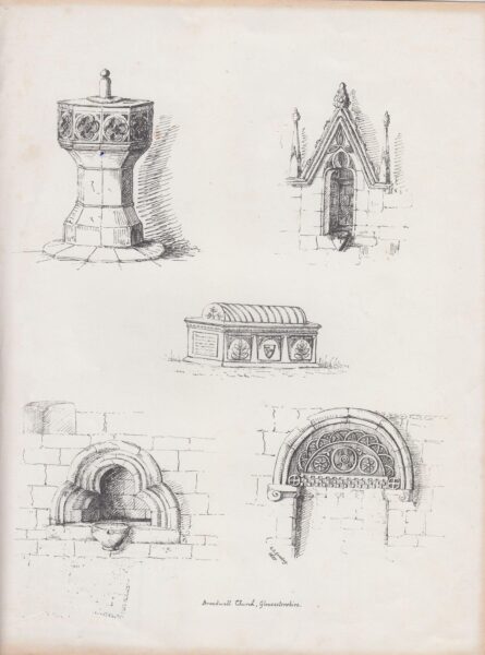 An engraving showing five architectural details from Broadwell Church, Gloucestershire. Top left: an octagonal baptismal font decorated with carved foliage motifs. Top right: a pointed Gothic window framed with ornate tracery and pinnacles. Center: an embellished tomb chest with shields and leaf designs. Bottom left: a small rounded-arch window with deeply recessed stone layers and a projecting basin. Bottom right: an elaborately carved Norman arch with circular and foliage patterns.