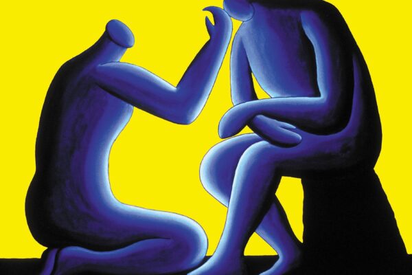 Abstract illustration of two faceless, blue-toned humanoid figures against a vibrant yellow background; one figure kneels with a hand gently reaching toward the other's bowed head, which is seated with arms crossed, evoking a sense of empathy, comfort, or emotional support.
