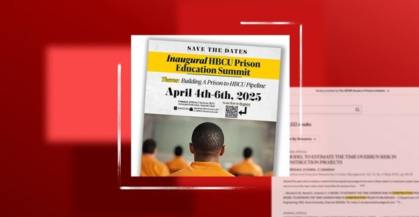 Flyer for Bowie State University’s Inaugural HBCU Prison Education Summit showing event details over the back of a man’s head wearing an orange jumpsuit in a classroom setting.