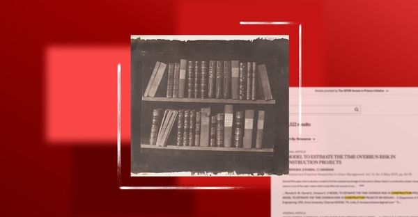 Vintage photo of a bookshelf over a red background, with a faded research page in the corner.