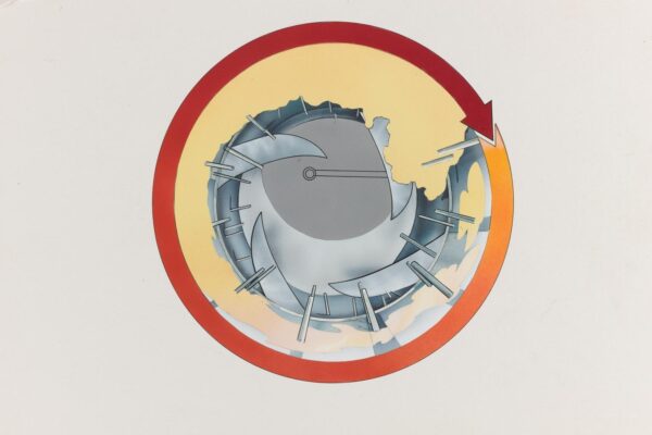 Red–orange circular arrow encircling a grey, turbine-like spiral with radial pins and cloudlike shading on a pale background.