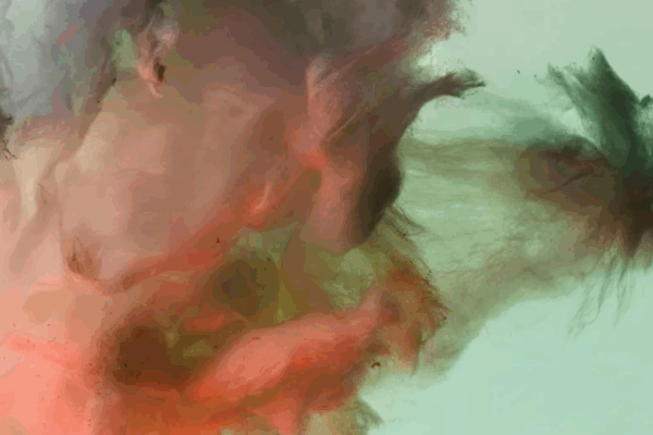 Detail of a book cover showing swirling clouds of soft pink, green, and gray smoke on a pale background, creating an abstract, ethereal effect.