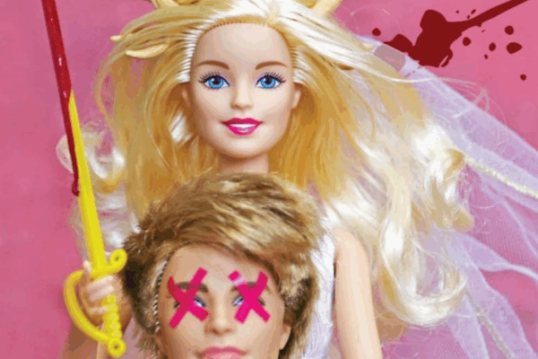 Detail of a book cover showing a blonde doll with antlers holding a toy sword and a male doll’s head against a pink background, referencing feminist meme culture.