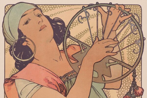 Art Nouveau illustration of a woman with long dark braids, hoop earrings, and a headscarf, holding a circular stringed instrument against a patterned background.