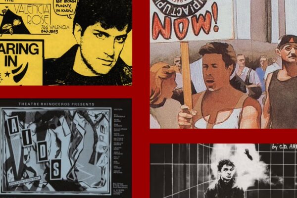 Collage of vintage posters featuring LGBTQ+ activism and theater, including AIDS awareness, protest scenes, and a performer against a yellow background.