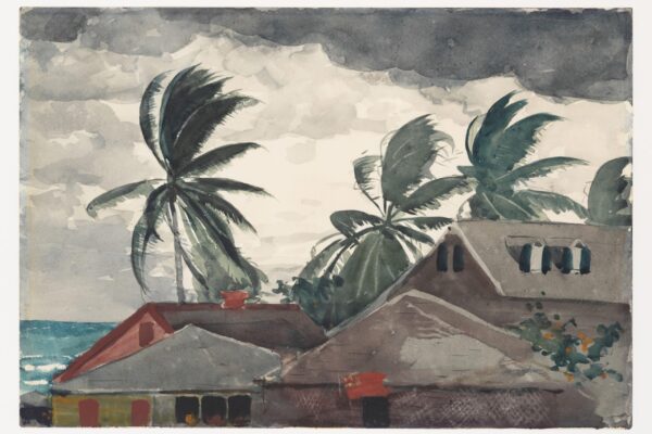 Watercolor painting of stormy skies and windswept palm trees above seaside rooftops, capturing the tension and atmosphere of an approaching hurricane.