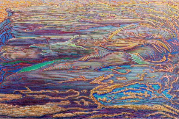 Abstract of purple, blue and orange colors like ripples on a river.