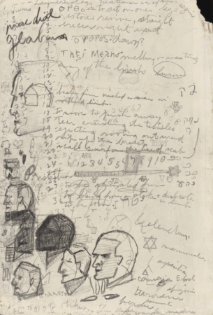 Pencil notebook page dense with scribbles: handwritten notes, numbers, small symbols, and multiple profile sketches of human heads.