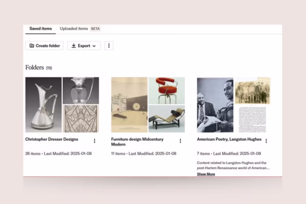 A screenshot of a JSTOR Workspace, complete with 3 folders containing various images.