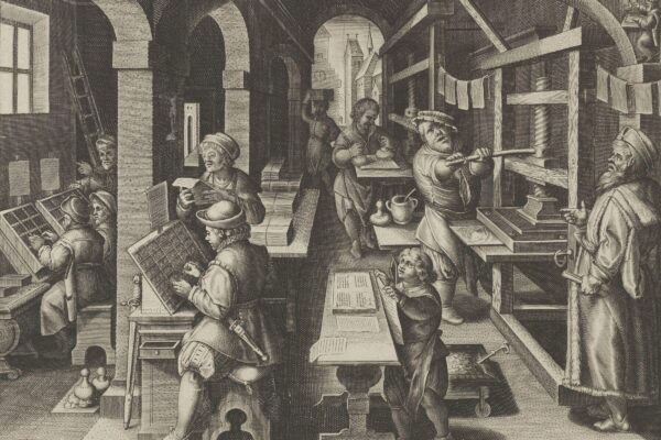 A 17th-century engraving depicting a bustling print shop where workers set type, ink presses, and inspect printed pages, illustrating the bookmaking process in early modern Europe.