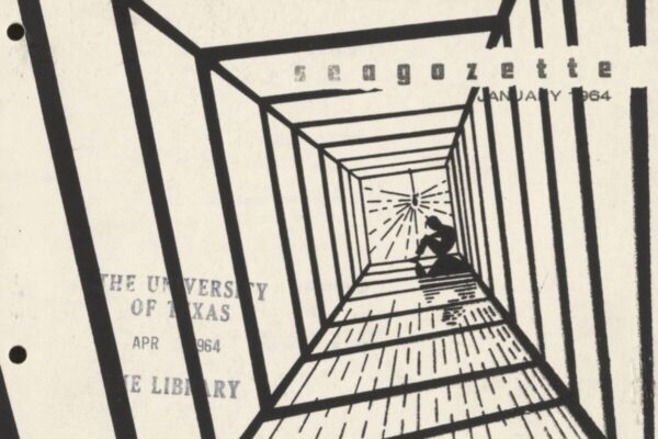 Stylized black-and-white illustration from the Seagozette showing a lone figure sitting at the end of a long, narrowing corridor of bars with light shining in.