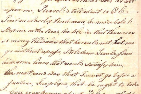 Close-up of an aged manuscript page written in brown ink, featuring dense, slanted cursive handwriting on yellowed paper. The script appears to be from the 18th or 19th century, with flowing letterforms and closely spaced lines, showing signs of fading and slight ink bleed typical of historical documents.