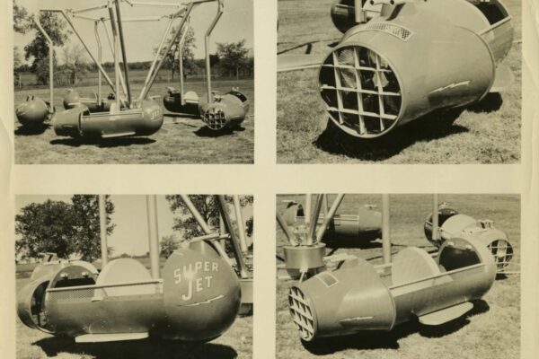 Four black-and-white photographs showing the “Super Jet” amusement ride on a grassy field. The ride consists of rounded, pod-like cars with grated fronts and small fins, attached to metal support arms. Close-up views show the cylindrical design and the words “Super Jet” painted on the side of one pod.
